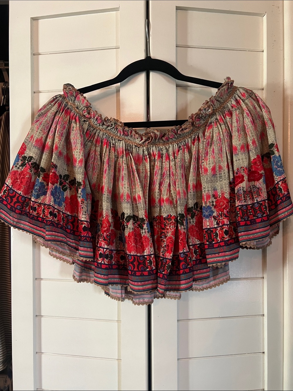Anthropologie Smocked Off-Shoulder Floral Crop Top in Pink and Red